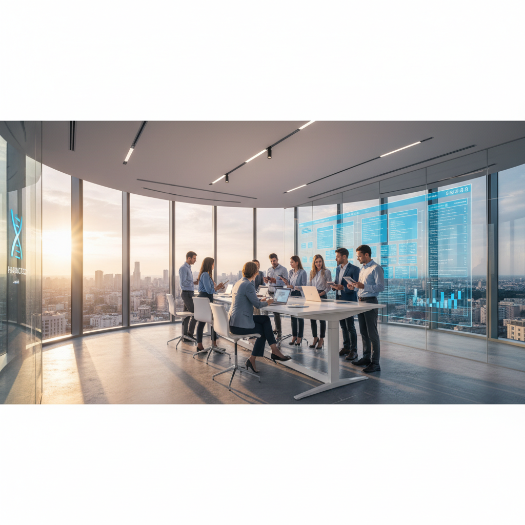 Modern pharmaceutical marketing war room with digital kanban board