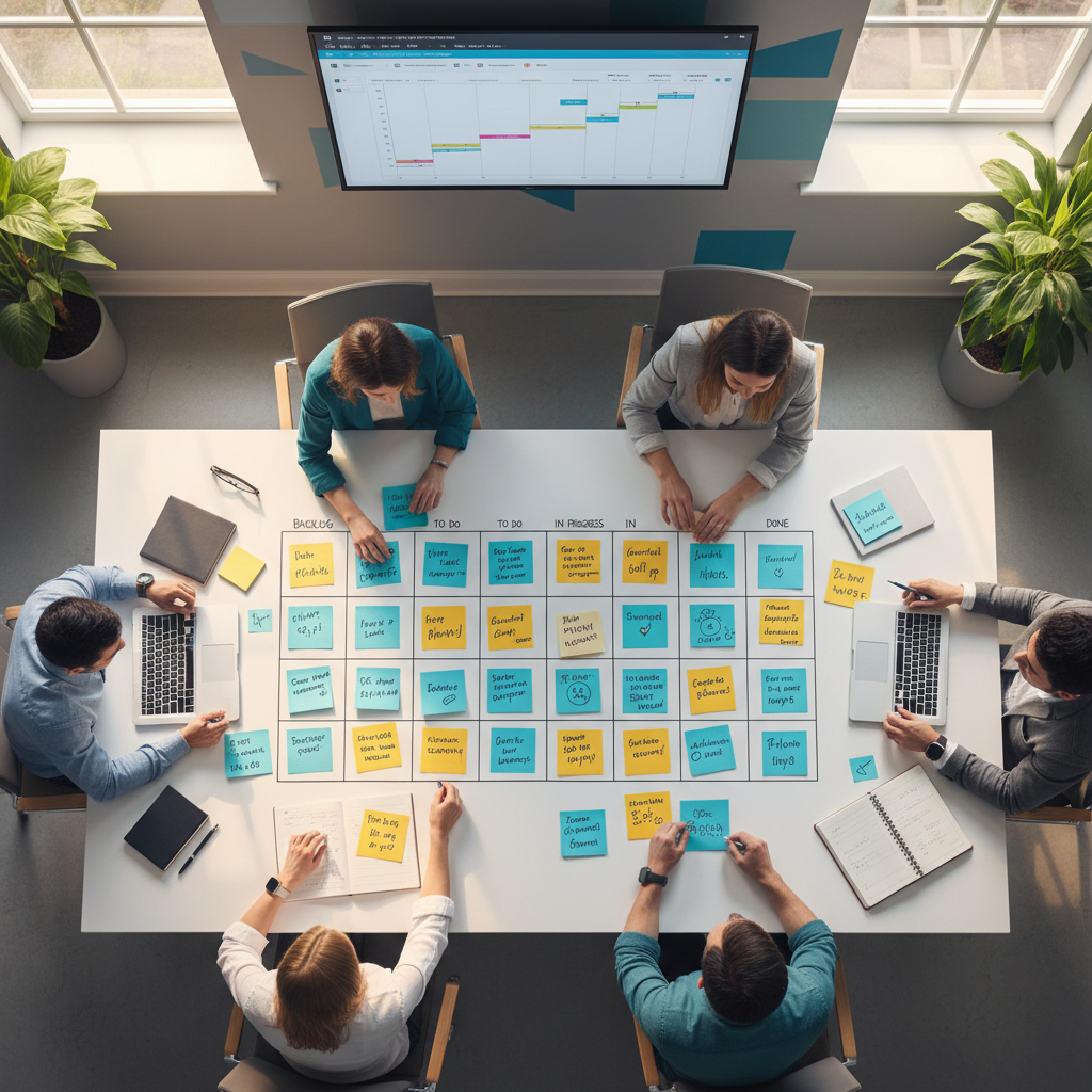 Pharma marketing sprint planning with colorful sticky notes